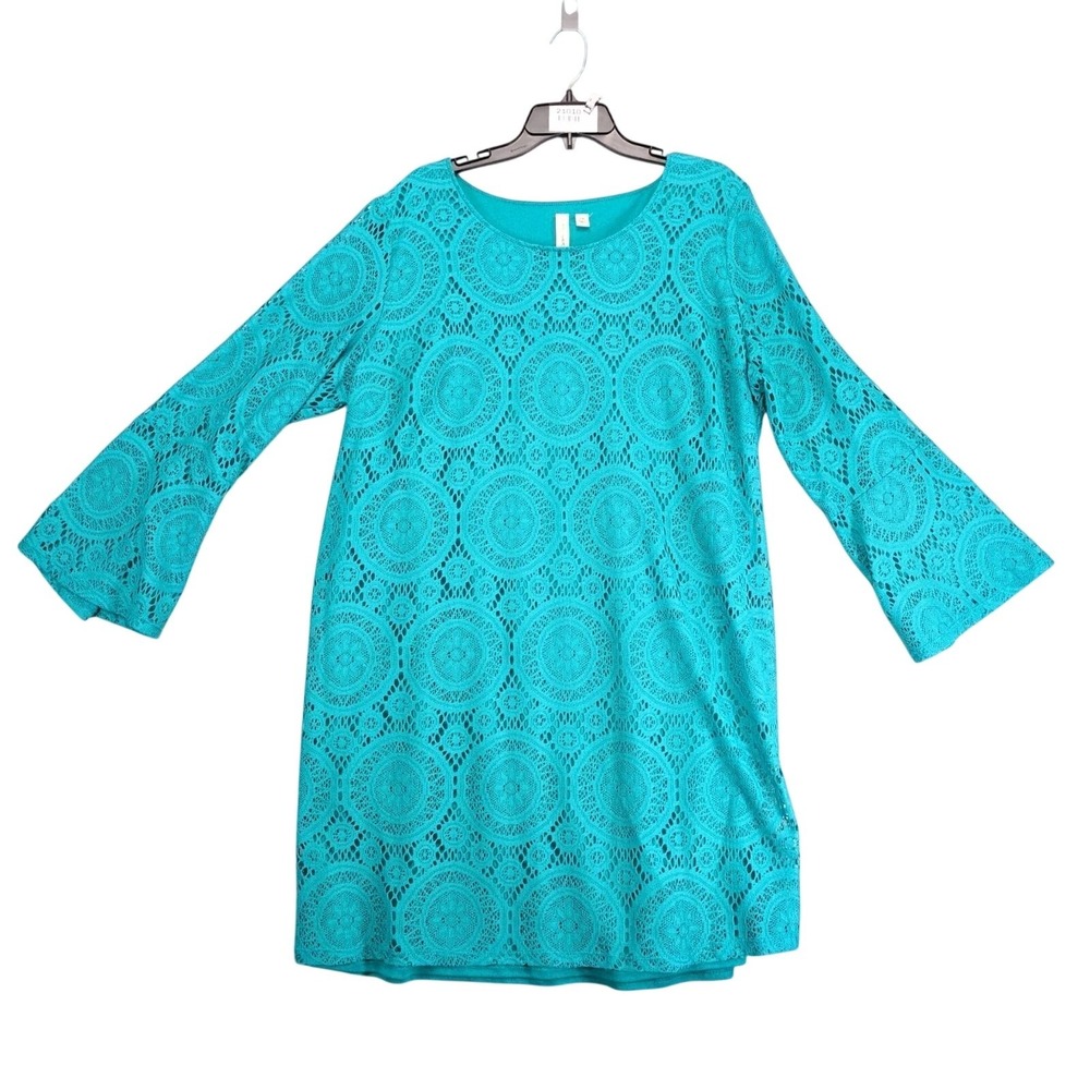 Tacera Teal Crochet Lace Knee-Length Dress, Plus Size 3X Flared Bell Sleeve Boho